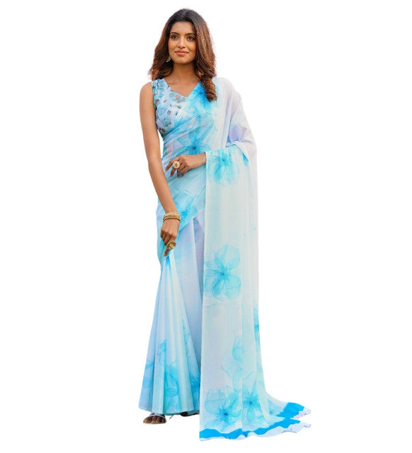 Snuggle SpotWomen's Georgette Floral Printed Saree With Unstitched Blouse 5.5Mtr (Off White-Skyblue)
