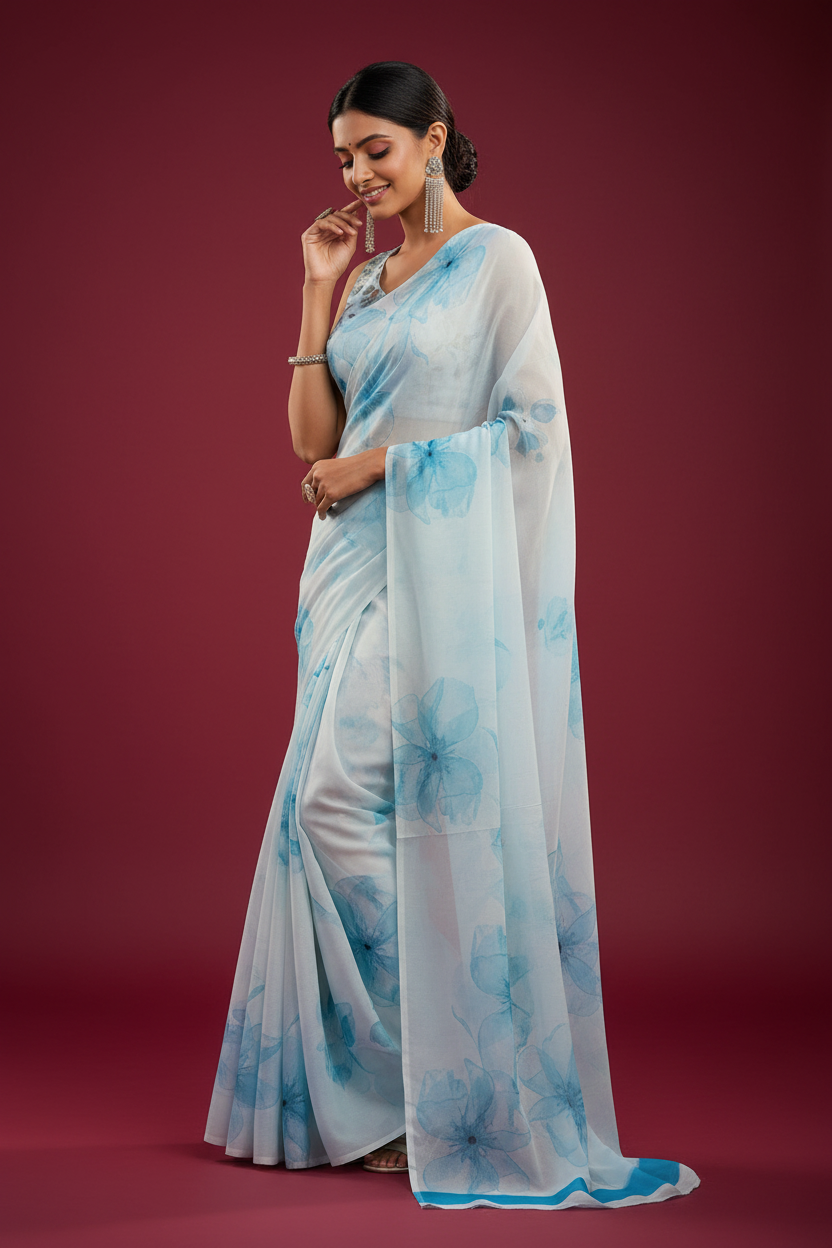 Snuggle Spot Women's Georgette Floral Printed Saree With Unstitched Blouse 5.5Mtr (Off White-Skyblue)