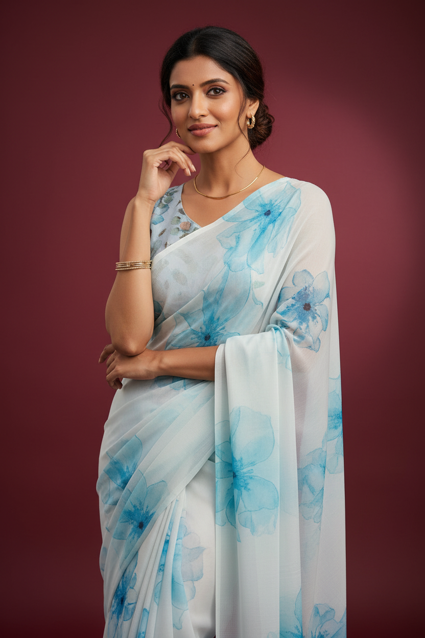Snuggle Spot Women's Georgette Floral Printed Saree With Unstitched Blouse 5.5Mtr (Off White-Skyblue)