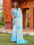 Snuggle SpotWomen's Georgette Floral Printed Saree With Unstitched Blouse 5.5Mtr (Off White-Skyblue)