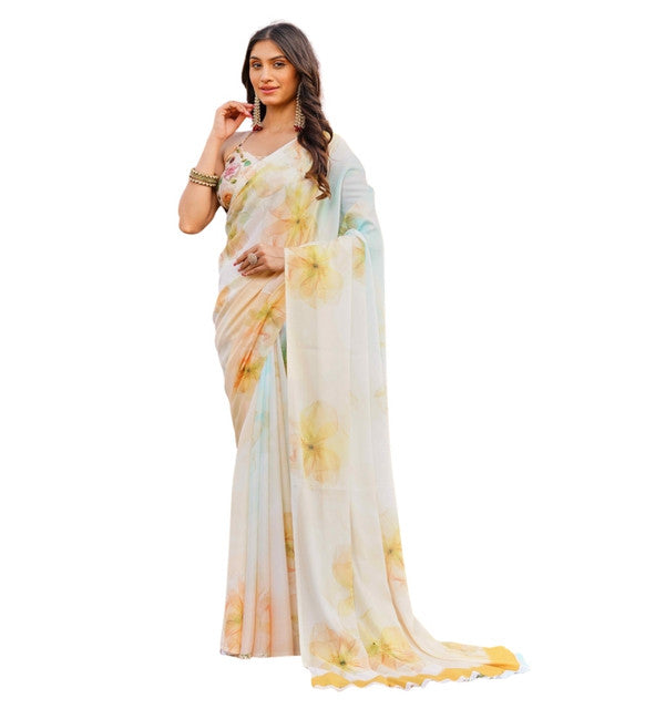 Snuggle SpotWomen's Georgette Floral Printed Saree With Unstitched Blouse 5.5Mtr (Off White-Yellow)