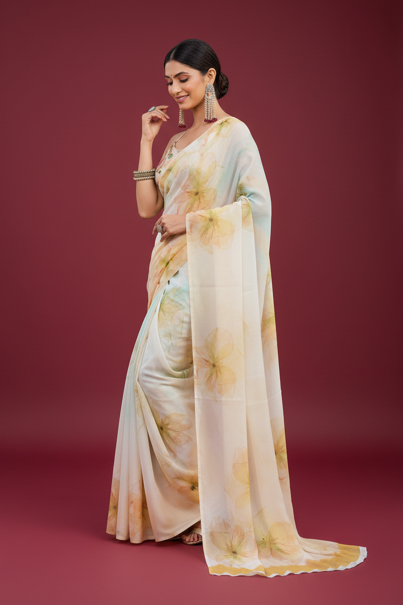 Snuggle Spot Women's Georgette Floral Printed Saree With Unstitched Blouse 5.5Mtr (Off White-Yellow)