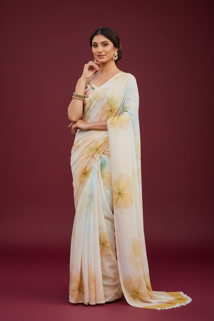 Snuggle Spot Women's Georgette Floral Printed Saree With Unstitched Blouse 5.5Mtr (Off White-Yellow)