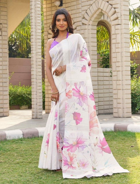 Snuggle SpotWomen's Georgette Floral Printed Saree With Unstitched Blouse 5.5Mtr (White-Pink)