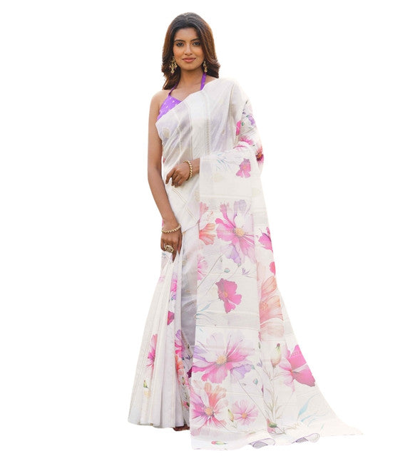 Snuggle SpotWomen's Georgette Floral Printed Saree With Unstitched Blouse 5.5Mtr (White-Pink)