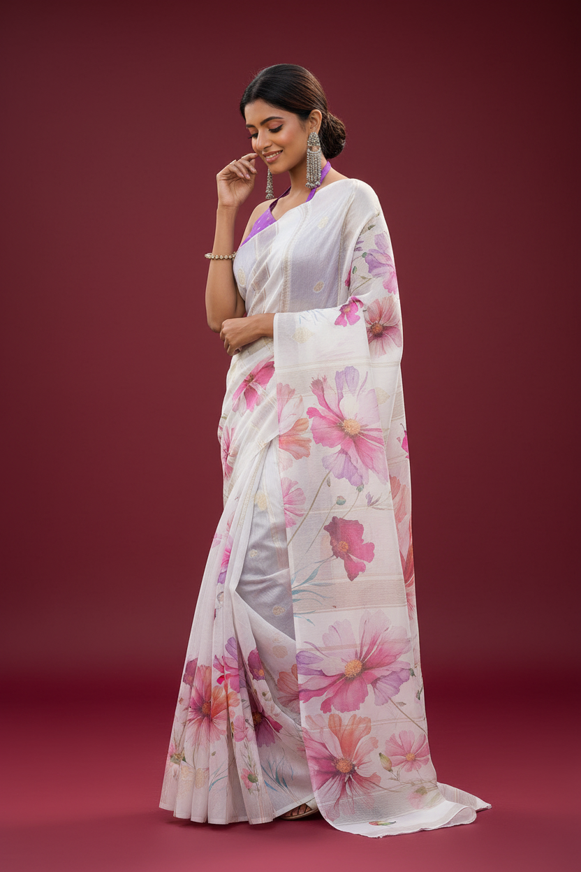 Snuggle Spot Women's Georgette Floral Printed Saree With Unstitched Blouse 5.5Mtr (White-Pink)