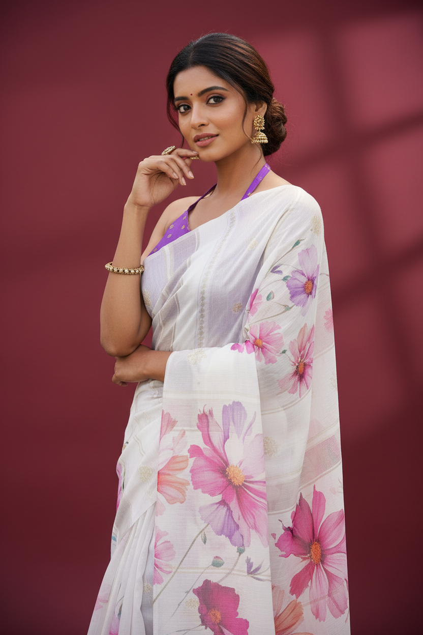 Snuggle Spot Women's Georgette Floral Printed Saree With Unstitched Blouse 5.5Mtr (White-Pink)