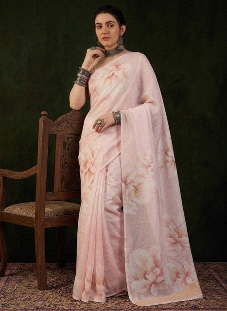 Snuggle SpotWomen's Georgette Floral Printed Saree With Unstitched Blouse 5.5Mtr (Cream)
