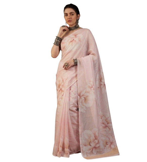 Snuggle SpotWomen's Georgette Floral Printed Saree With Unstitched Blouse 5.5Mtr (Cream)