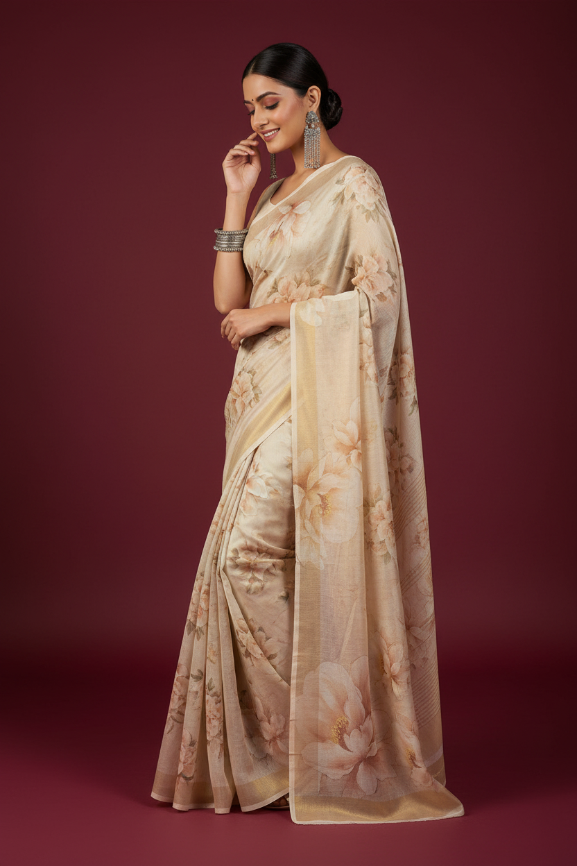 Snuggle Spot Women's Georgette Floral Printed Saree With Unstitched Blouse 5.5Mtr (Cream)
