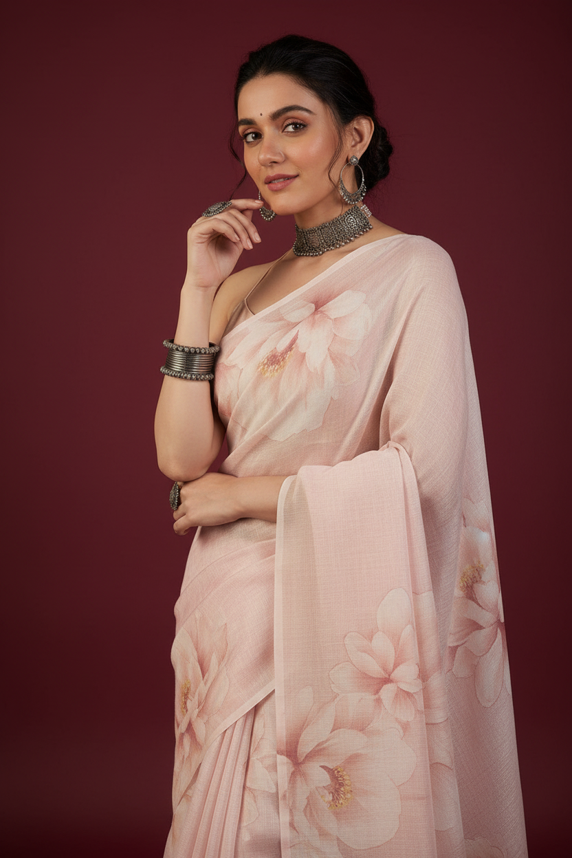 Snuggle Spot Women's Georgette Floral Printed Saree With Unstitched Blouse 5.5Mtr (Cream)
