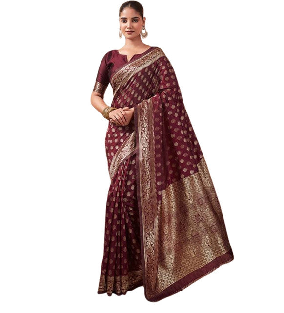 Snuggle SpotWomen's Jacquard Printed Saree With Unstitched Blouse 5.5Mtr (Maroon)