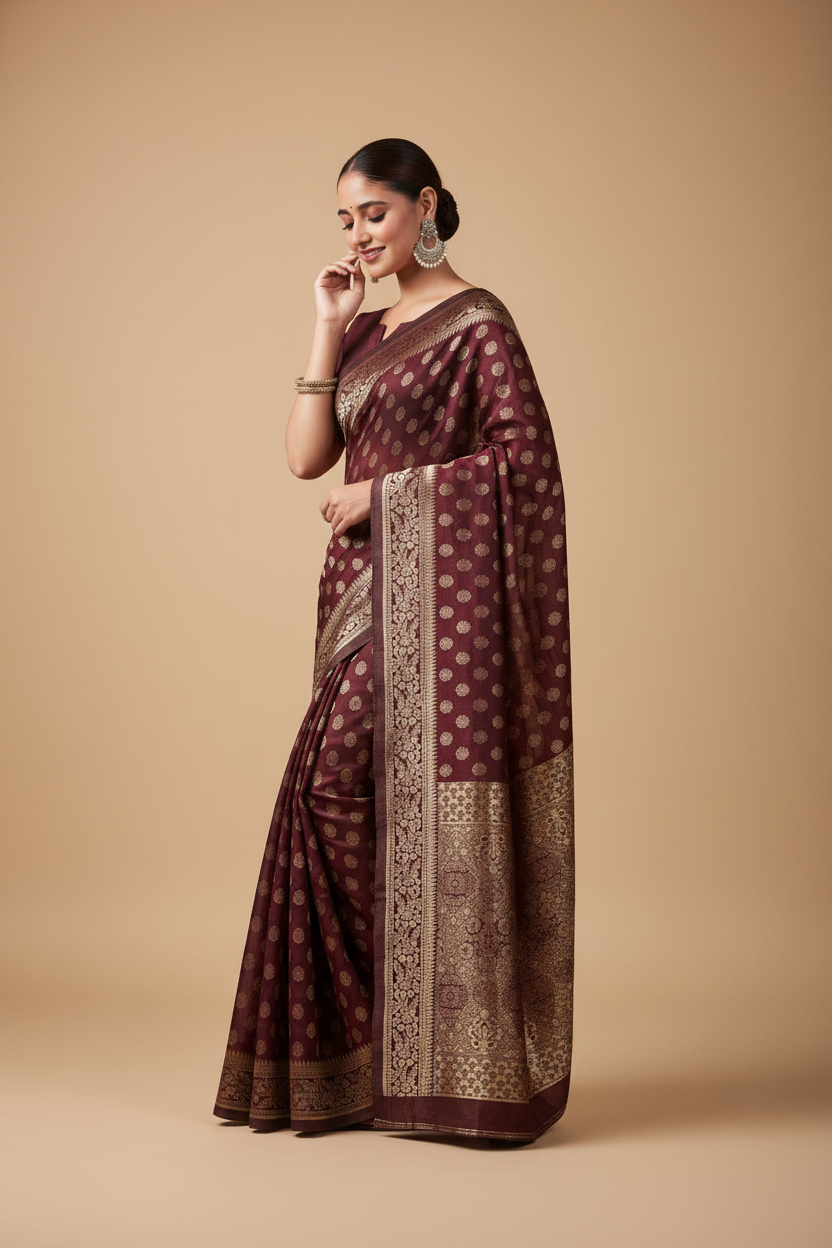 Snuggle Spot Women's Jacquard Printed Saree With Unstitched Blouse 5.5Mtr (Maroon)