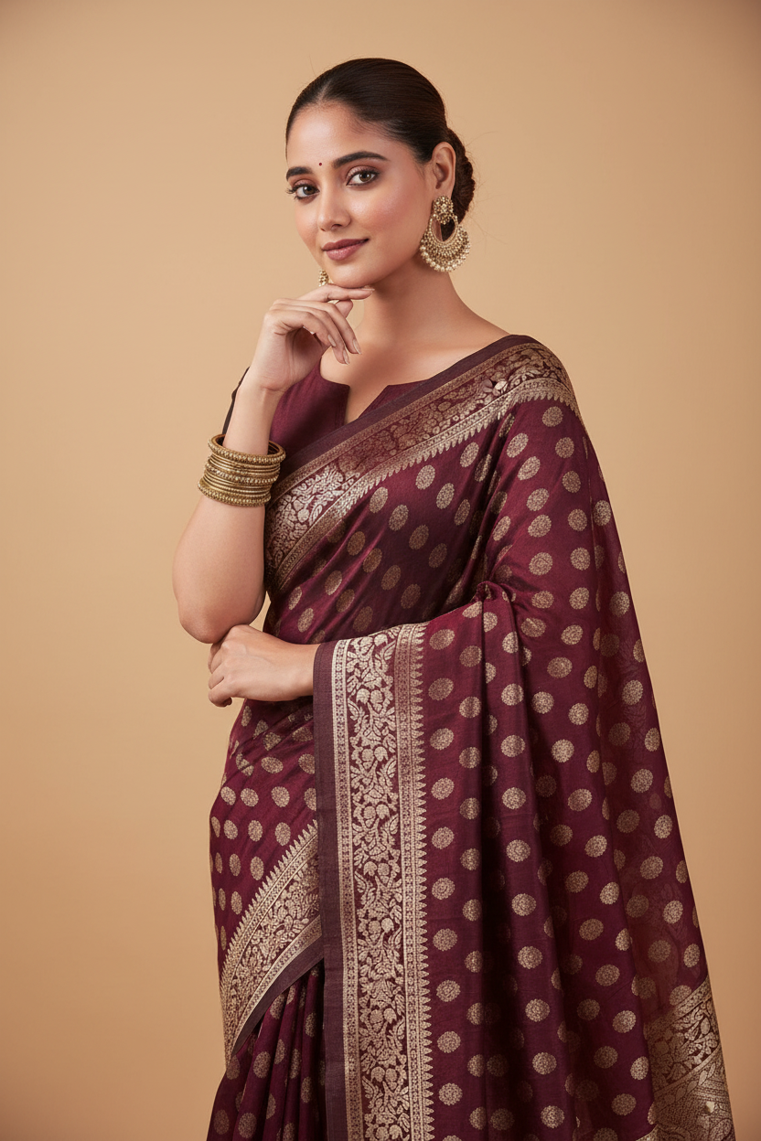 Snuggle Spot Women's Jacquard Printed Saree With Unstitched Blouse 5.5Mtr (Maroon)