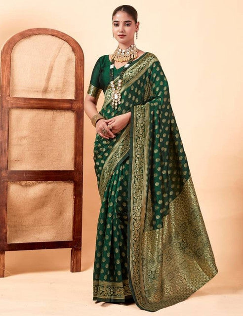Snuggle SpotWomen's Jacquard Printed Saree With Unstitched Blouse 5.5Mtr (Bottle Green)