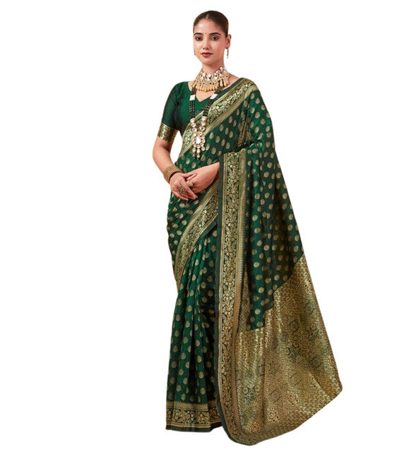 Snuggle SpotWomen's Jacquard Printed Saree With Unstitched Blouse 5.5Mtr (Bottle Green)