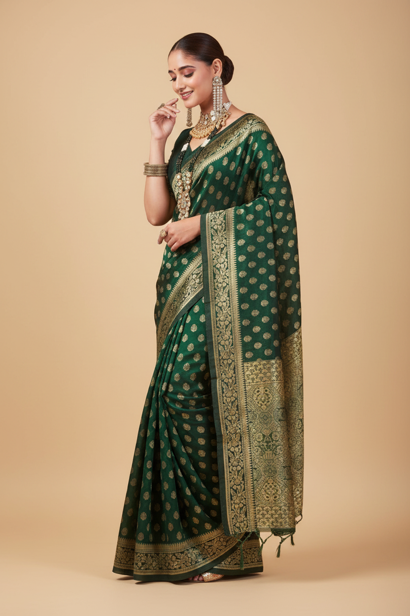 Snuggle Spot Women's Jacquard Printed Saree With Unstitched Blouse 5.5Mtr (Bottle Green)