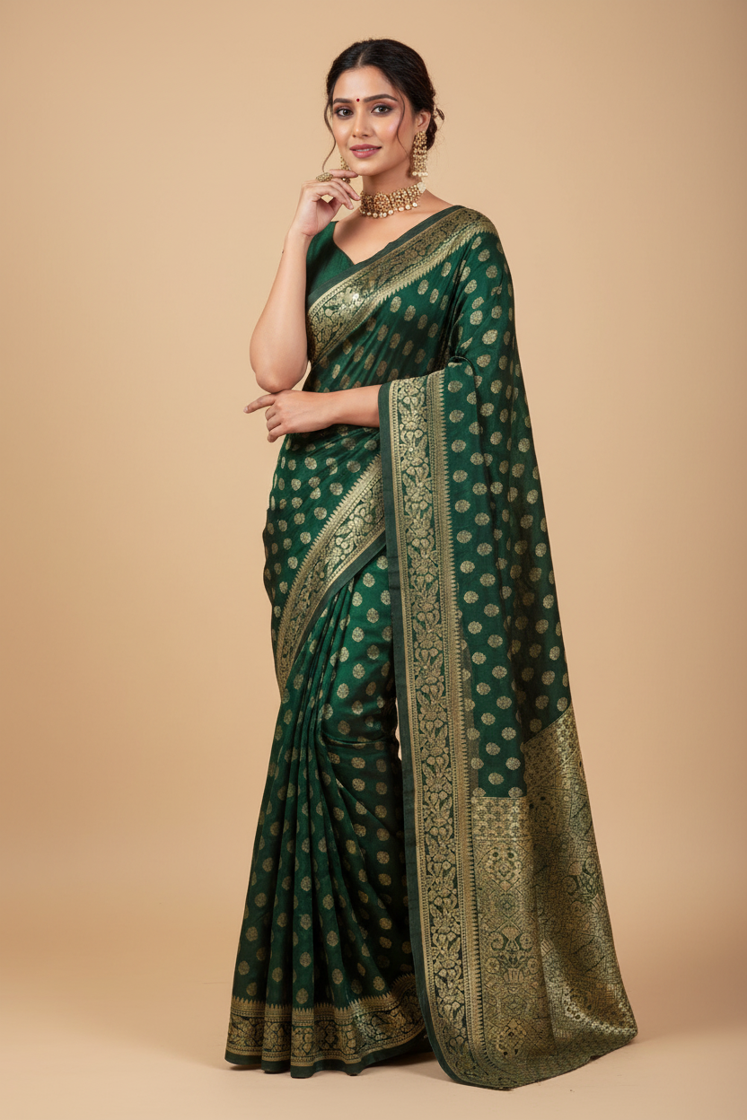 Snuggle Spot Women's Jacquard Printed Saree With Unstitched Blouse 5.5Mtr (Bottle Green)