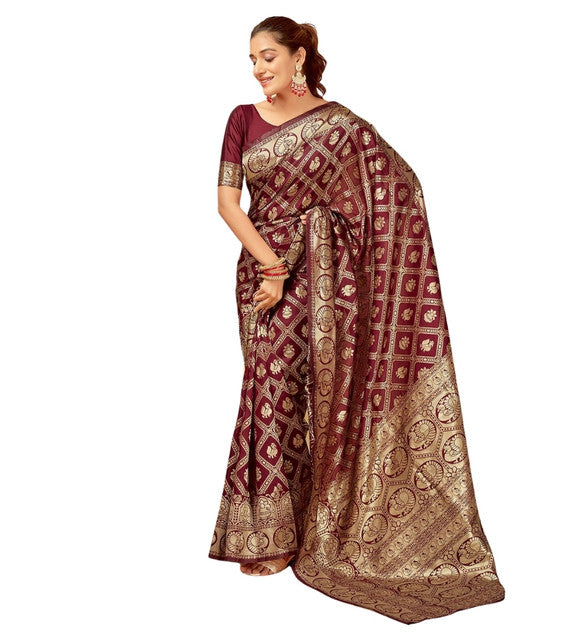 Snuggle SpotWomen's Jacquard Printed Saree With Unstitched Blouse 5.5Mtr (Maroon)
