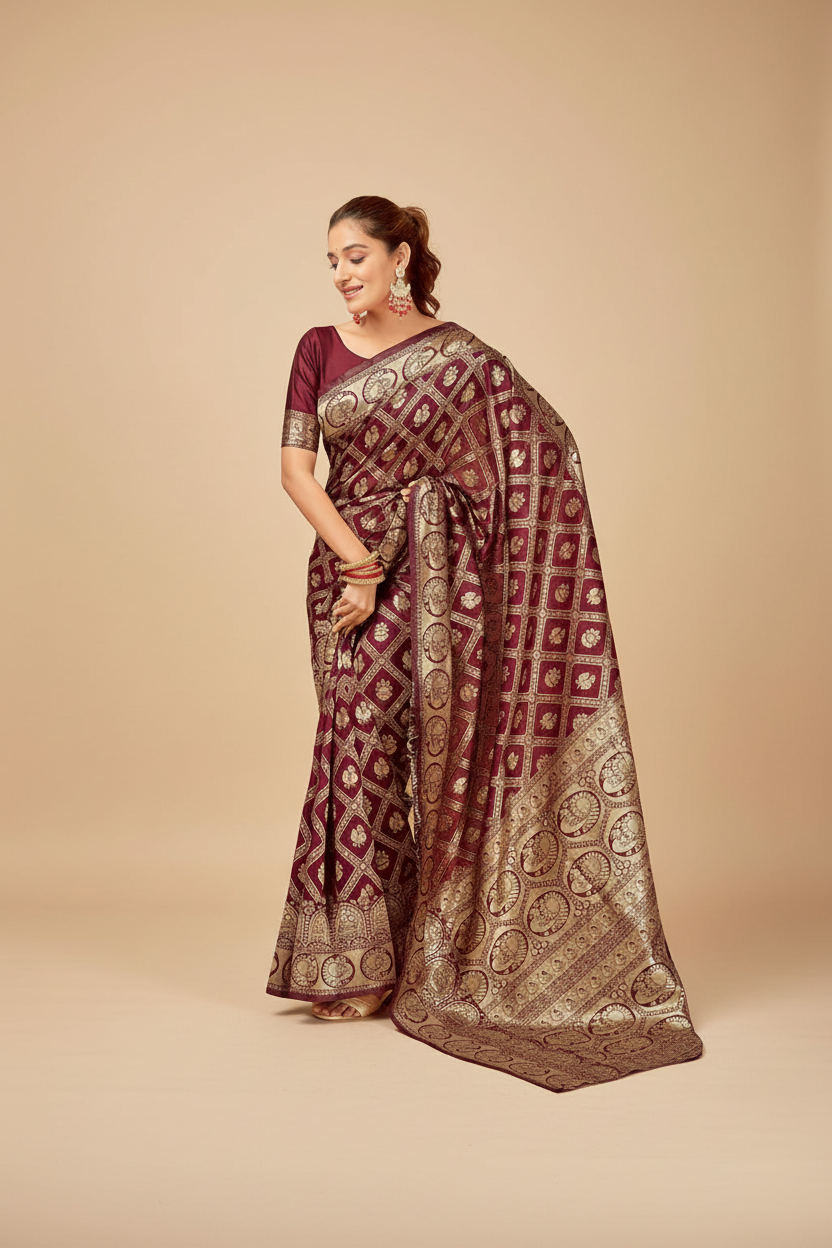 Snuggle Spot Women's Jacquard Printed Saree With Unstitched Blouse 5.5Mtr (Maroon)