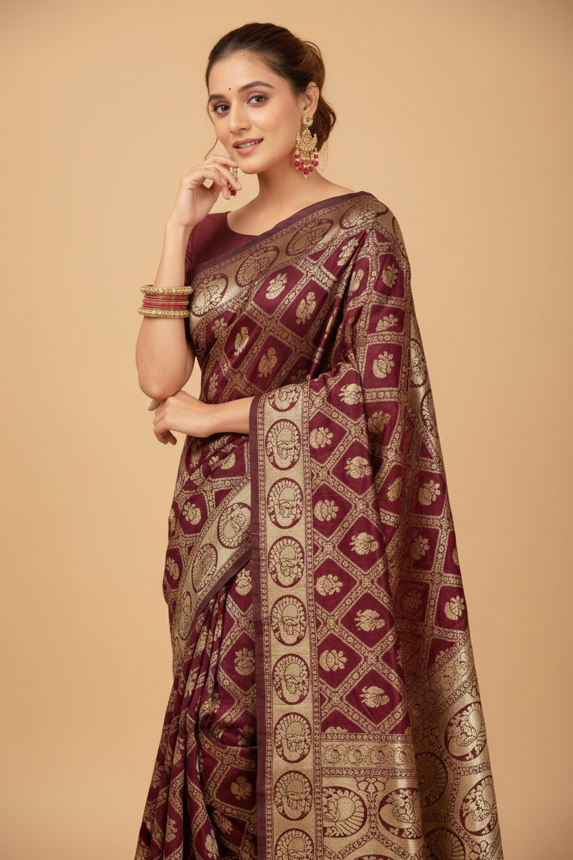 Snuggle Spot Women's Jacquard Printed Saree With Unstitched Blouse 5.5Mtr (Maroon)