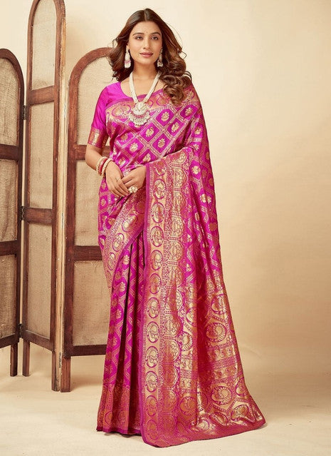 Snuggle SpotWomen's Jacquard Printed Saree With Unstitched Blouse 5.5Mtr (Pink)