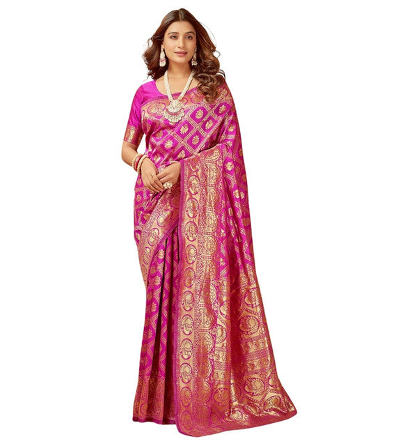 Snuggle SpotWomen's Jacquard Printed Saree With Unstitched Blouse 5.5Mtr (Pink)