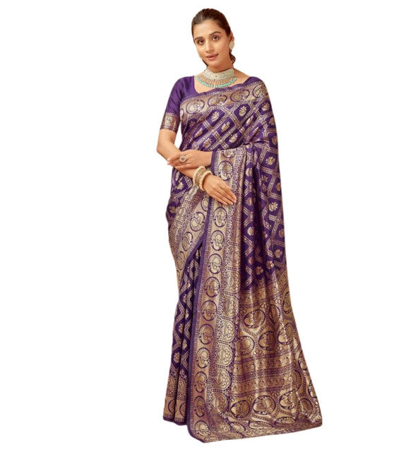 Snuggle SpotWomen's Jacquard Printed Saree With Unstitched Blouse 5.5Mtr (Purple)