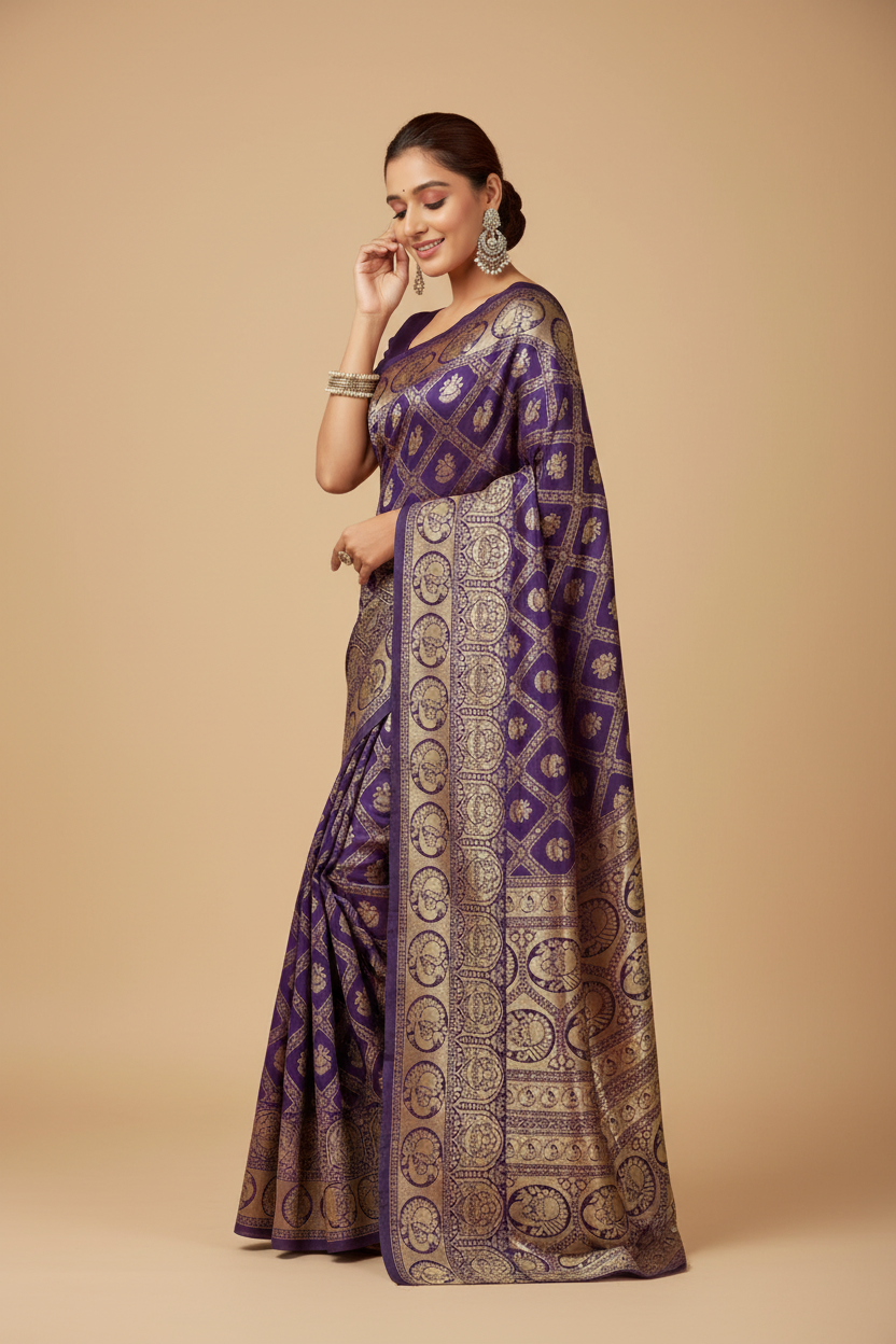Snuggle Spot Women's Jacquard Printed Saree With Unstitched Blouse 5.5Mtr (Purple)