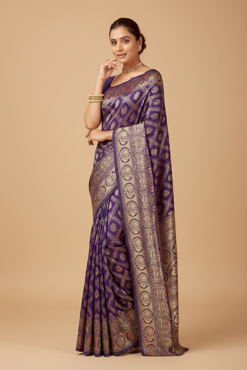 Snuggle Spot Women's Jacquard Printed Saree With Unstitched Blouse 5.5Mtr (Purple)