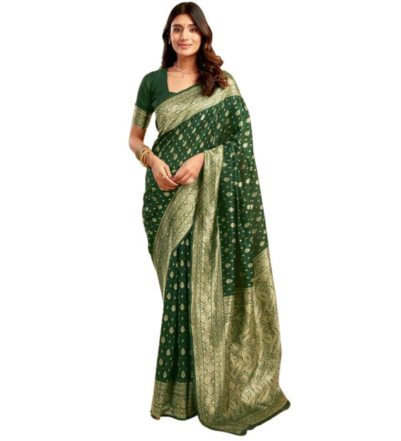 Snuggle SpotWomen's Jacquard Printed Saree With Unstitched Blouse 5.5Mtr (Bottle Green)