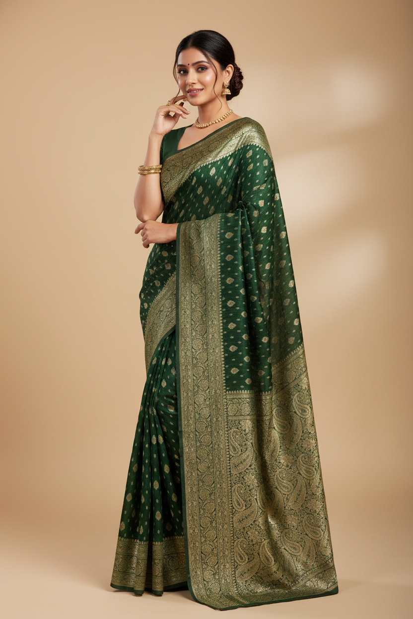 Snuggle Spot Women's Jacquard Printed Saree With Unstitched Blouse 5.5Mtr (Bottle Green)