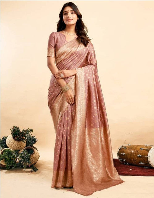 Snuggle SpotWomen's Jacquard Printed Saree With Unstitched Blouse 5.5Mtr (Peach)