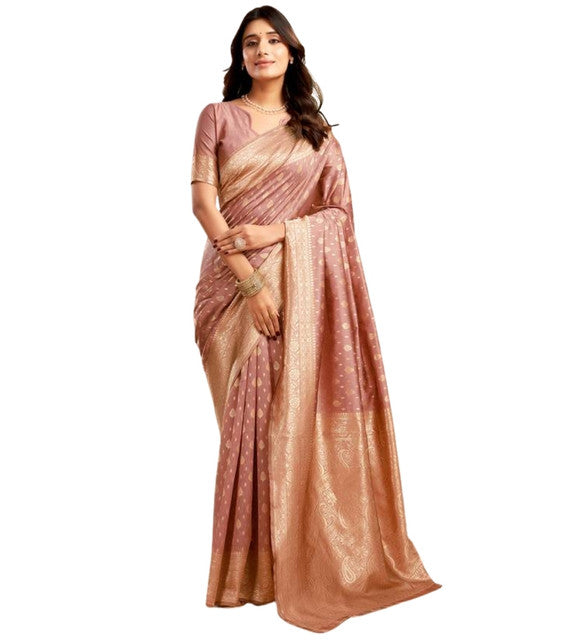 Snuggle SpotWomen's Jacquard Printed Saree With Unstitched Blouse 5.5Mtr (Peach)