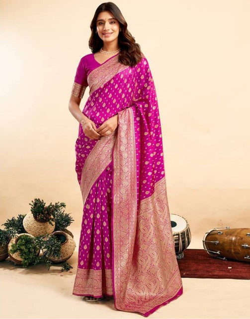 Snuggle SpotWomen's Jacquard Printed Saree With Unstitched Blouse 5.5Mtr (Pink)