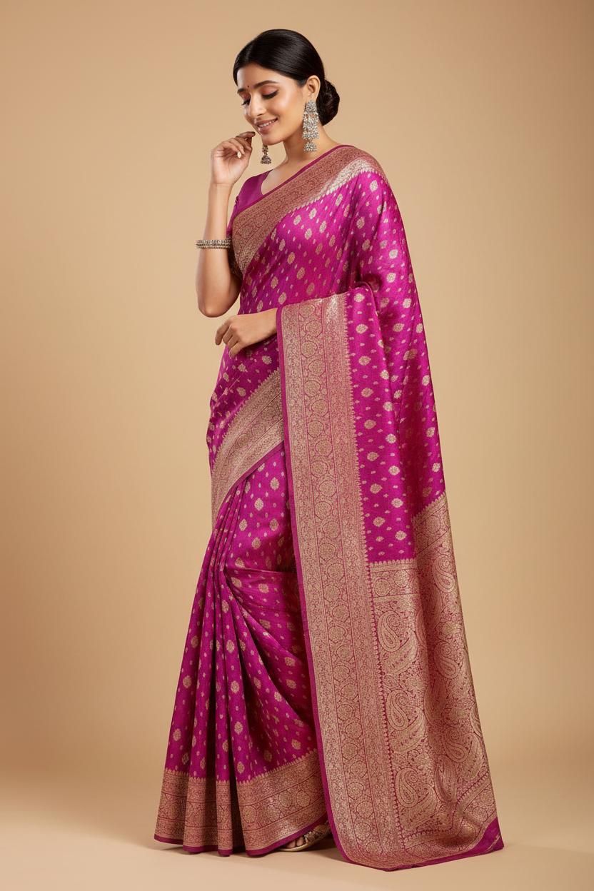 Snuggle Spot Women's Jacquard Printed Saree With Unstitched Blouse 5.5Mtr (Pink)