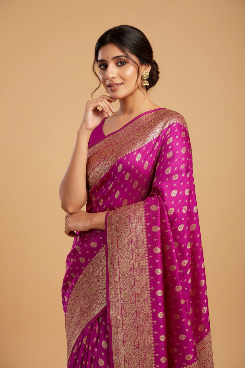 Snuggle Spot Women's Jacquard Printed Saree With Unstitched Blouse 5.5Mtr (Pink)