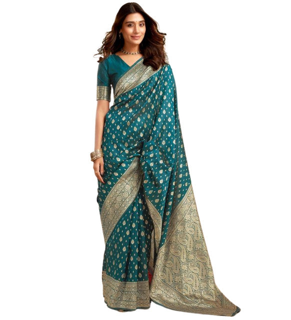 Snuggle SpotWomen's Jacquard Printed Saree With Unstitched Blouse 5.5Mtr (Teal)