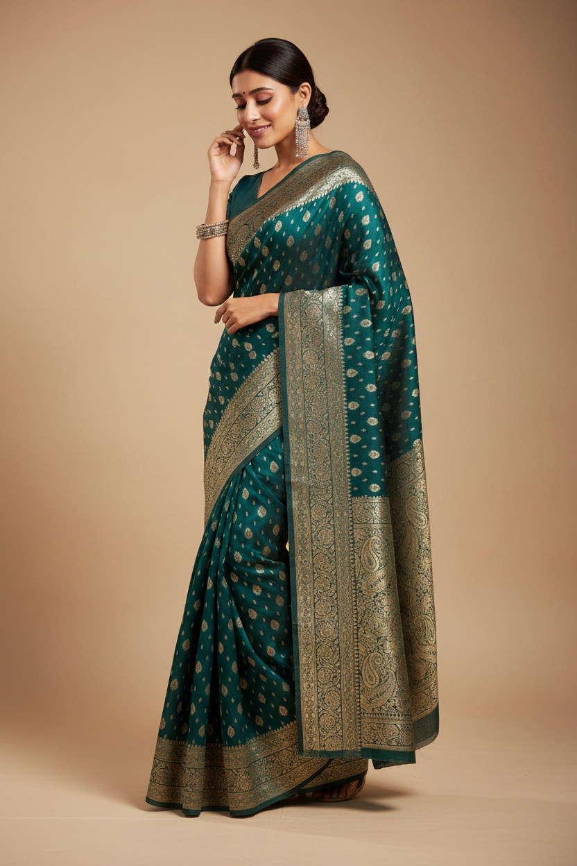 Snuggle Spot Women's Jacquard Printed Saree With Unstitched Blouse 5.5Mtr (Teal)