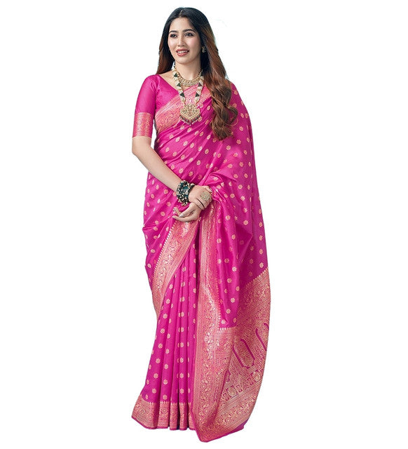Snuggle SpotWomen's Jacquard Printed Saree With Unstitched Blouse 5.5Mtr (Pink)