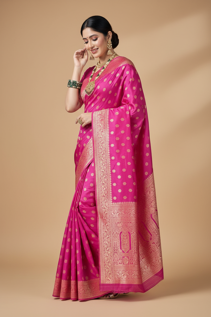 Snuggle Spot Women's Jacquard Printed Saree With Unstitched Blouse 5.5Mtr (Pink)
