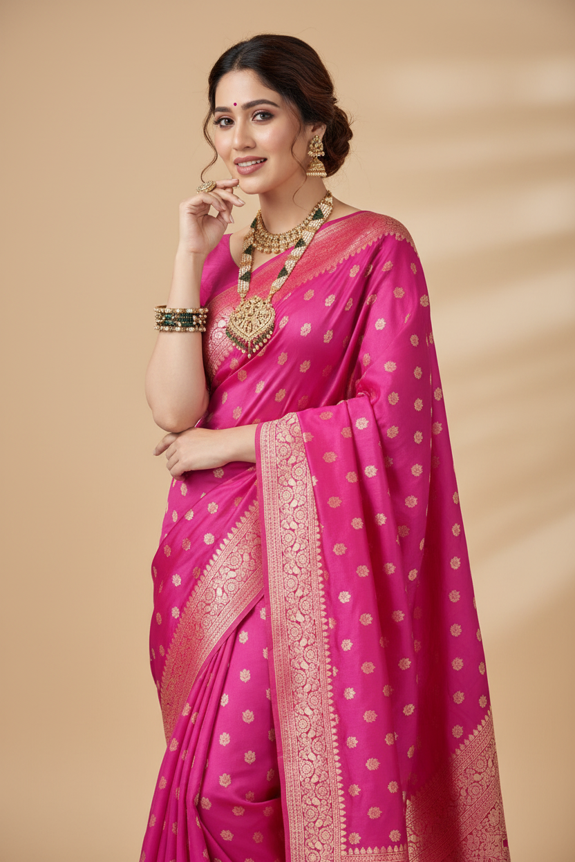 Snuggle Spot Women's Jacquard Printed Saree With Unstitched Blouse 5.5Mtr (Pink)