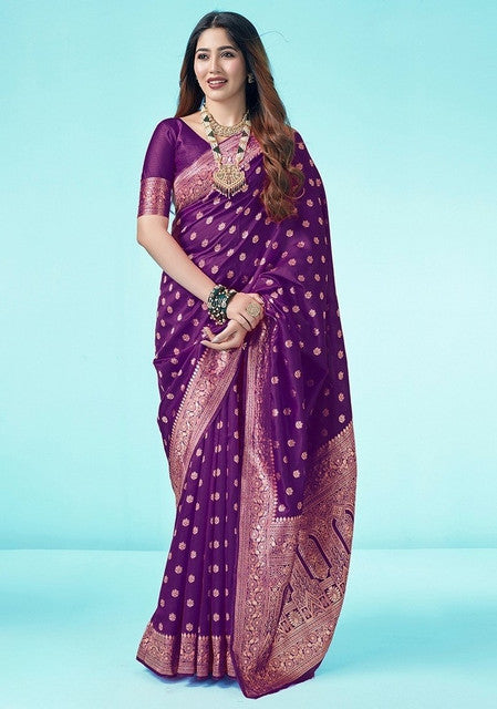 Snuggle SpotWomen's Jacquard Printed Saree With Unstitched Blouse 5.5Mtr (Purple)