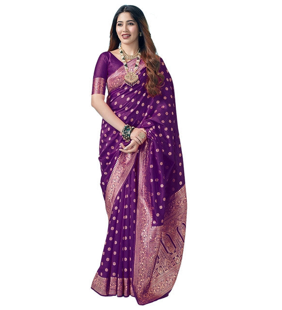 Snuggle SpotWomen's Jacquard Printed Saree With Unstitched Blouse 5.5Mtr (Purple)