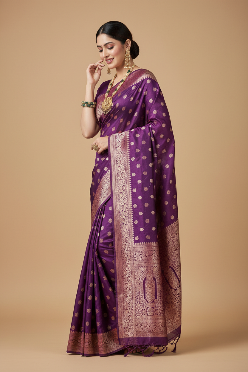Snuggle Spot Women's Jacquard Printed Saree With Unstitched Blouse 5.5Mtr (Purple)