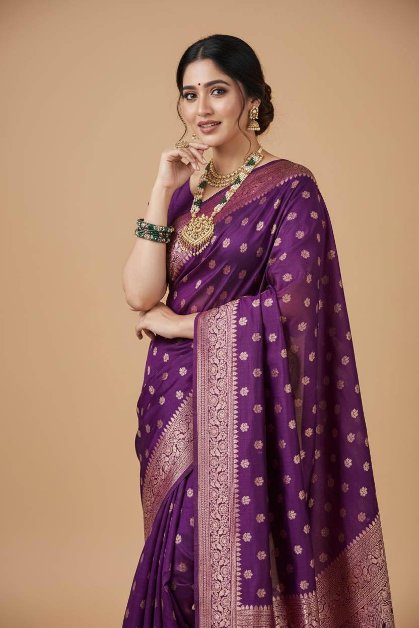 Snuggle Spot Women's Jacquard Printed Saree With Unstitched Blouse 5.5Mtr (Purple)