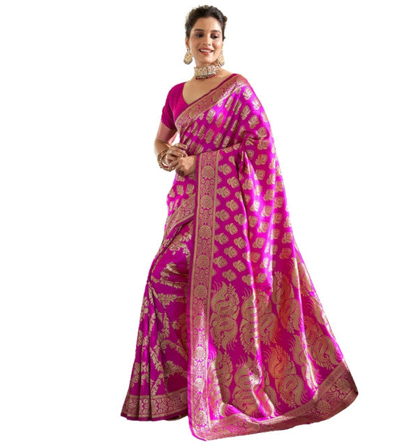 Snuggle SpotWomen's Jacquard Printed Saree With Unstitched Blouse 5.5Mtr (Pink)