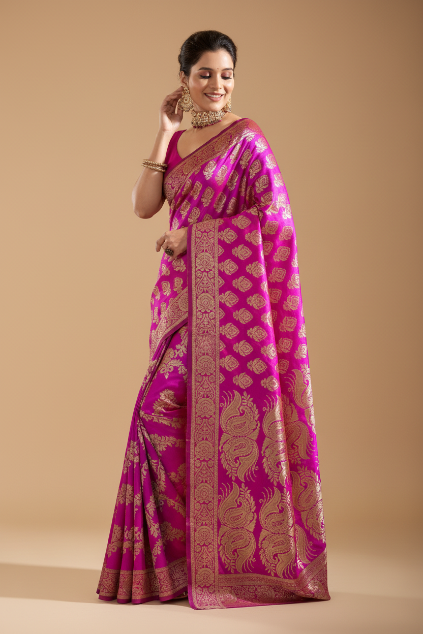 Snuggle Spot Women's Jacquard Printed Saree With Unstitched Blouse 5.5Mtr (Pink)