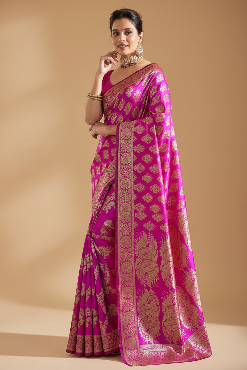 Snuggle Spot Women's Jacquard Printed Saree With Unstitched Blouse 5.5Mtr (Pink)