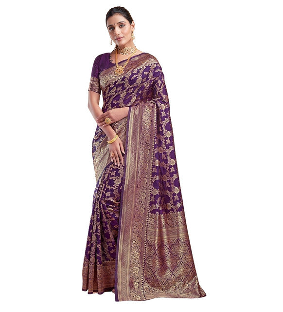 Snuggle SpotWomen's Jacquard Printed Saree With Unstitched Blouse 5.5Mtr (Purple)